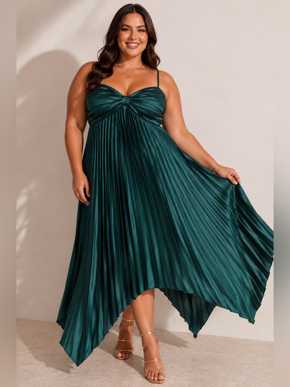 Petal & Pup Vikki Dress Emerald Pleated Satin Midi Wedding Guest Cocktail Dress